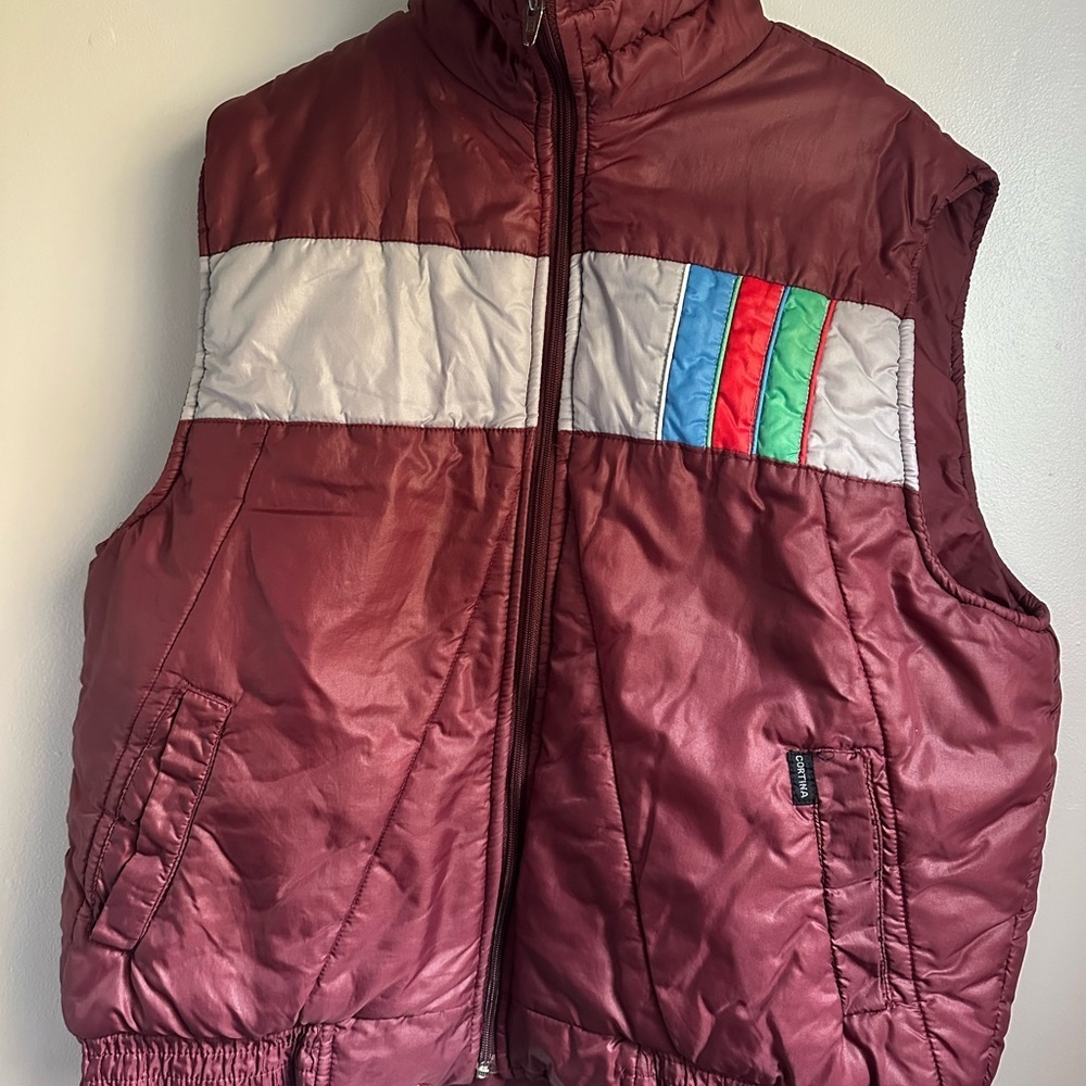 Men's Burgundy Puffer Vest with Stripes